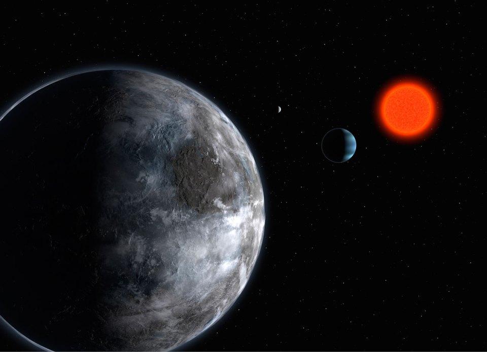 Artist rendition of the red dwarf Gliese 581 and its planetary system. This system, discovered with HARPS, has at least three planets. This star is one of the rare red dwarfs that are bright enough to be observed with HARPS. NIRPS will allow to study a much greater number of red dwarfs. Credits: ESO